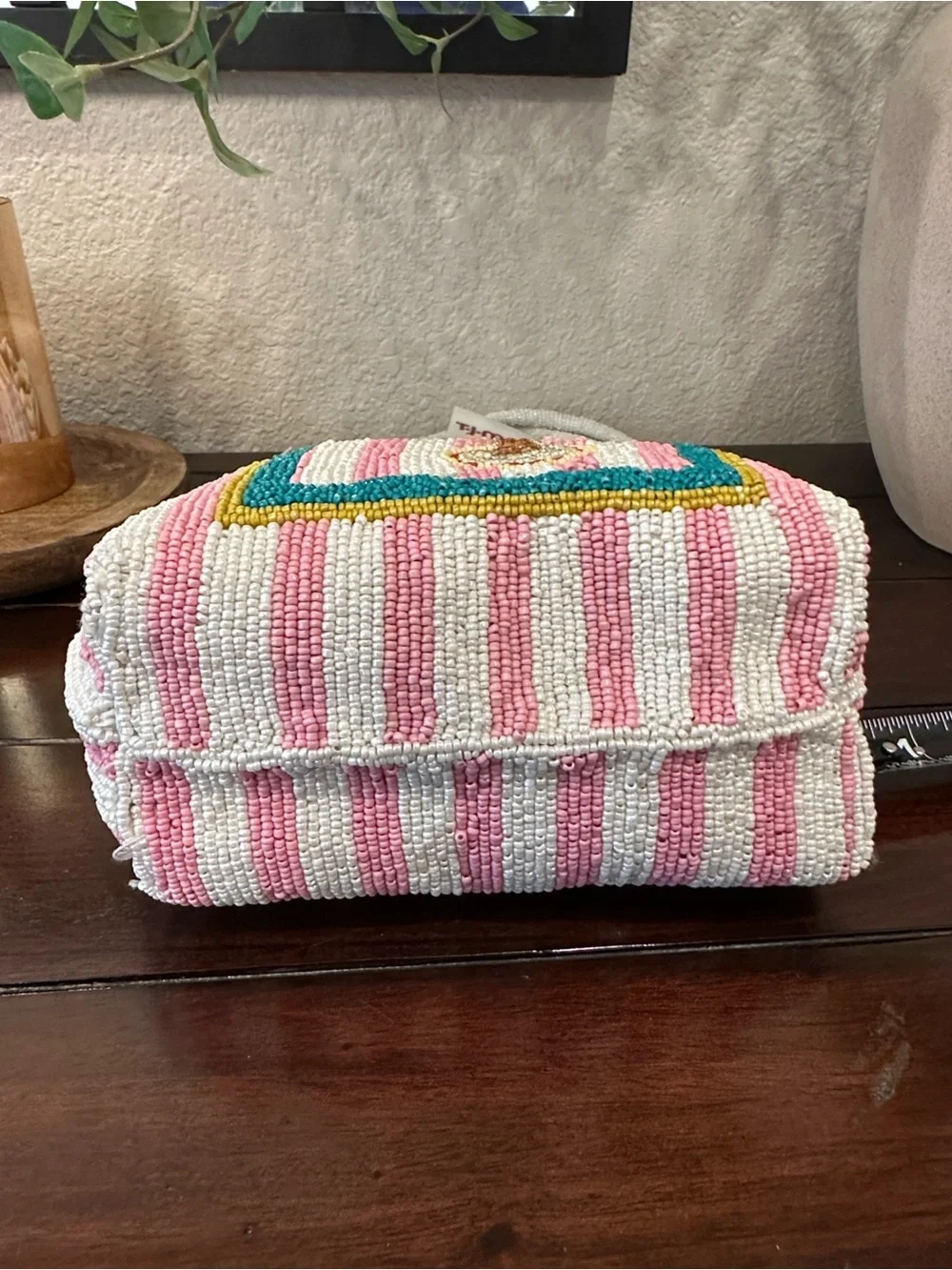 Handcrafted Pink & White Beaded Cocktail Tote -